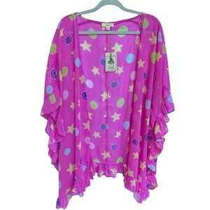 Easel Smiley Face Kimono Pink Fuchsia Ruffle Stars Womens Plus Size 2X NWT
